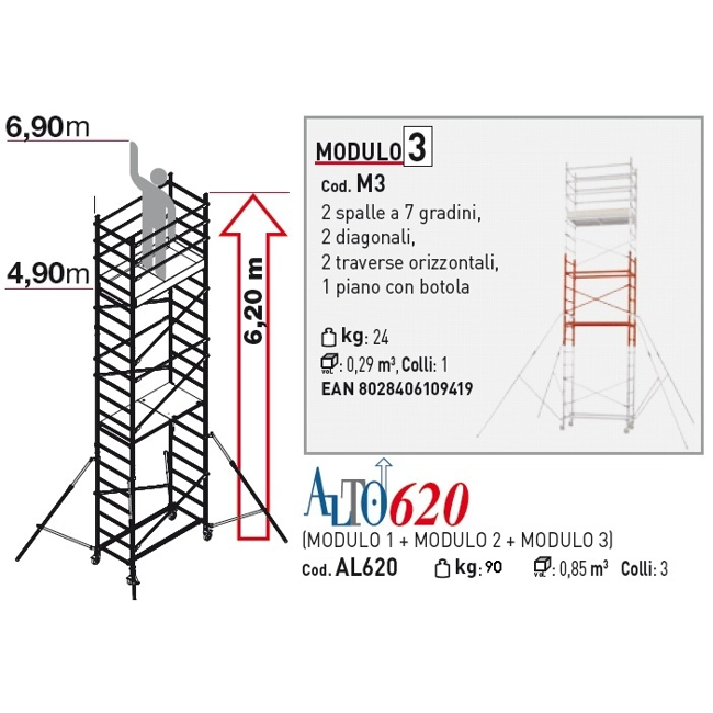Vendita online Trabattello in alluminio ALTO620P pieghevole altezza lavoro 6,90 mt.